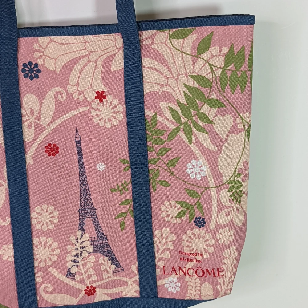 Lancome Tote Bag Pink Paris Atelier Flowers Canvas Eiffel Tower birds Lined Lg - Picture 2 of 10